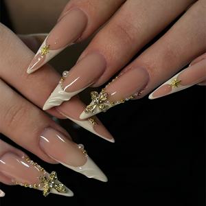 TEMU 24개 화이트 팁 디자인 스틸레토 인조 손톱 아크릴 롱 아몬드 재사용 가능 표면 광택 3D 라인 크로스 스타 및 라인스톤 장식 고급 스타일 여성 데일리 웨어 페스티벌 파티 및 선물용