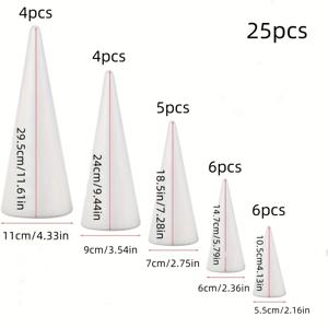 TEMU 다양한 크기의 흰색 폼 콘 25개, 폴리스티렌 원뿔 폼 몰드 (모형 공예, 크리스마스 트리 폼, 꽃 장식 용품)