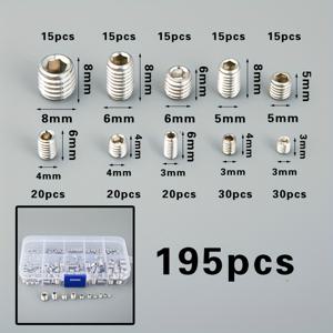 TEMU 195개/박스 DIN916 육각 소켓 세트 스크류 컵 포인트 그럽 스크류 볼트, 304 스테인리스 스틸 스크류 세트 M3/M4/M5/M6 M8 스테인리스 스틸 12.9 등급 키트