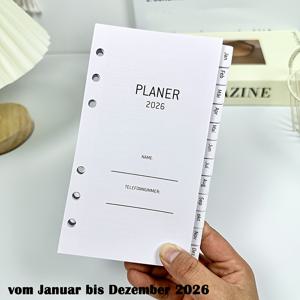 2026 다이어리 리필 개인용 사이즈(9.5x17.1cm), 탭 포함 2페이지 1주간, 비밀번호, 메모, 연락처, 연간 월간 및 주간 오거나이저 플래너 인서트, 6구멍, 100GSM 종이, 1월-12월(독일어)