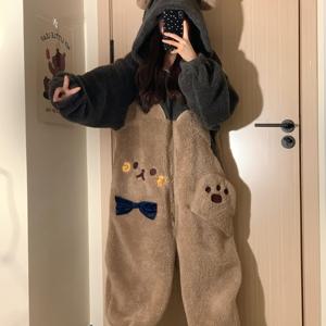 가을 겨울 신상 만화 곰돌이 플란넬 두꺼운 따뜻한 원지 파자마, 긴소매 긴 바지 귀여운 원지 홈웨어 무대 공연 의상, 남녀공용 성인용 신기한 원지 파자마 드레스 의상