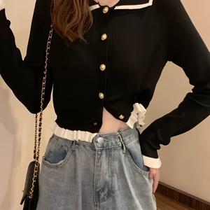 프렌치 숏 폴로 칼라 아우터 슬림 롱 슬리브 스웨터 여성용 가디건 베이스 셔츠 탑