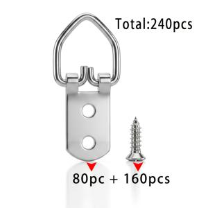 80개 실버 양면 양구멍 고리 + 160개 2x8 실버 나사, 총 240개 실버 삼각형 행잉 링, 액자 고리, 액자 걸이, 나사 포함 포토월 행잉 하드웨어 액세서리