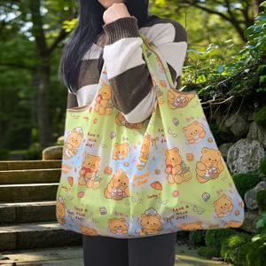 TEMU 귀여운 곰 프린트 대용량 가벼운 소프트 옥스포드 천 토트백 - 접이식 북백, 여행, 쇼핑, 외출용 - 휴대용 숄더백 (손목 스트랩 & 곰 얼굴 디자인)