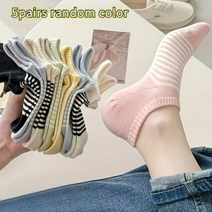 5켤레 랜덤 색상 여성 발목 양말 - 블랙, 화이트, 베이지, 라이트 블루, 핑크 - 부드럽고 통기성 좋은 캐주얼 웨어 보이지 않는 양말, 귀여운 사탕 색상 양말