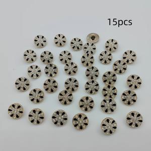 15개/1.8cm 패셔너블하고 트렌디한 라운드 컬러블록 플라스틱 라인스톤 단추, 라이트 럭셔리 블랙 기하학 패턴 단추, 유럽 및 미국 스타일 하이엔드 빈티지 블랙 앤 골든 라인스톤 인서트 플라스틱 단추, DIY 의류, 가방, 모자, 코트, 스웨터, 바지, 셔츠용 수제 봉제 고급 클래식 엘레강스 스타일 장식용 단추