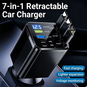 7-in-1 자동 복귀식 차량용 충전기, 고속 충전 USB Type-C 전원 어댑터, -C+2PD 고속 충전 포트, 180° 자유 조절 각도, 배터리 미포함, 모든 차종에 적합, 여러 기기 동시 충전 지원