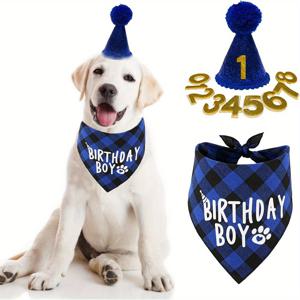 TEMU 애완 고양이 강아지 생일 축하 밴다나 스카프 & 귀여운 파티 모자, 여아 남아 모두에게 적합, 고양이 생일 선물 장식 세트, 부드러운 스카프 & 귀여운 모자 블루