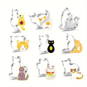 TEMU 9개 3D 고양이 쿠키 커터, 스테인리스 스틸 쿠키 커터, 디저트 몰드, 케이크 및 초콜릿 몰드, 가정용 주방, 레스토랑, 파티, 주방 액세서리, 베이킹 도구에 적합