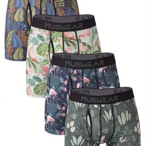 MUSWEAR 속건성 보크서 브리프 4개입, 수분 흡수 및 발수, 통기성, 사이드 오픈형, 롱 스타일, 플라밍고 프린트, 남성용 속옷