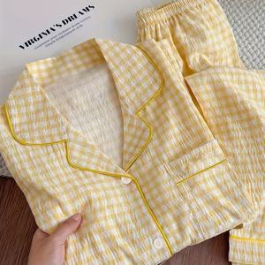 TEMU 여성 봄 가을 체크무늬 긴팔 긴바지 스위트 귀여운 가을 아우터 홈웨어 세트 2pcs 의상 칼라 파자마 세트 [상자 없음]
