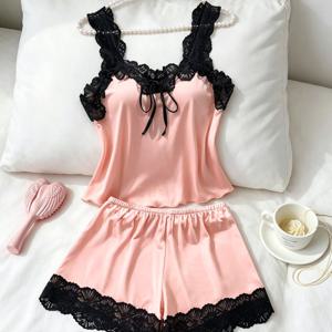 TEMU 여성용 우아한 대비 레ース 트림 파자마 세트 2pcs, 달콤한 나비 넥타이 민소매 캐미 탑 & 루즈한 신축성 허리 쇼츠, 부드럽고 편안한 로맨틱한 여름 데일리웨어용 라운지웨어 수면복