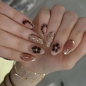 TEMU 24개 미디엄 아몬드 모양 인조 손톱 누드 핑크 손톱 및 골든 네일 팁 인조 손톱 옴브레 꽃잎 및 프린트 및 3D 입체 장식 골든 비즈 디자인 풀 커버 네일, 여성 및 파티용 데일리 착용에 적합