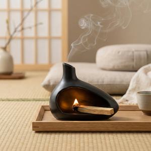 TEMU A 마트 블랙 세라믹 버너 (스무딩용), 팔로 산토 및 세이지 보관용으로 디자인됨, 상단 연기구멍 특징. 이 향로는 가정의 명상 공간을 위한 장식품으로 사용됩니다.
