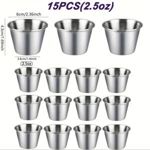TEMU 15개입 고품질 스테인리스 스틸 조미료 컵, 재사용 가능한 금속 소형 접시, 2.5온스(80ml) 소량 조미료용 상업 등급 조미료 컵 (케첩용) 및 1.5온스(50ml) 딥프 소스용 - 가정 및 레스토랑 사용에 적합