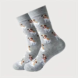 TEMU 카툰 강아지 패턴 미드 캐프 양말, 폴리에스터 니트 소재, 사계절 착용 가능, 유럽&미국 스타일, 남성 및 커플용