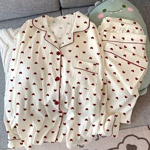 TEMU 여성용 봄/가을 만화 하트 프린트 긴팔 긴바지 파자마 세트, 달콤하고 귀여운 2피스 라펠 칼라 아우터웨어 스타일 라운지웨어, 봄/가을 귀여운 홈웨어