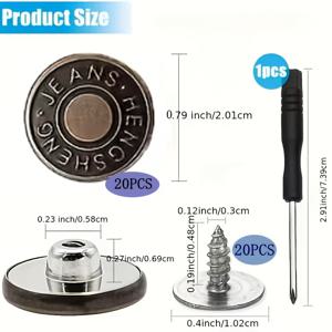 TEMU 41피스 세트: 버튼 20개 + 나사 20개 + 드라이버 1개. 브론즈 메탈 청바지 버튼, 17mm 이음매 없는 교체 및 수리 키트, 탈착식 나사산 리벳 및 드라이버 포함