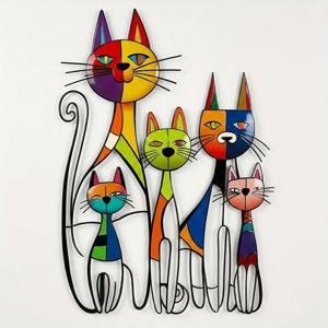 TEMU [2D 평면] 메탈 고양이 가족 벽걸이 장식, 피카소 스타일 추상 연철 벽 예술, 모던 거실 걸이 장식품, 아트 벽화, 내구성 있는 연철 공예품, 벽 장식, 야외 명패 및 벽 장식