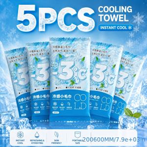 5개 냉감 타월 (200 X 600mm), 휴대용 즉각 냉각 젖은 타월, 개별 포장, 여름 레저, 스포츠, 해변, 여행, 헬스장, 하이킹, 캠핑 및 더운 날씨 사용에 적합