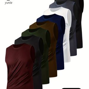 TEMU 남성용 민소매 셔츠 8개 팩 - 헬스장 훈련용 속건성 통기성 민소매 조끼, 루즈핏 라운드넥 운동복 상의, 활동복용 멀티 컬러 (다크 레드, 블랙, 아미 그린, 카키, 네이비, 화이트, 그레이)