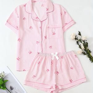 TEMU 여성용 사계절 캐주얼 라펠 파자마 세트, 편안한 버튼 탑과 리본 벨트 쇼츠 2pcs