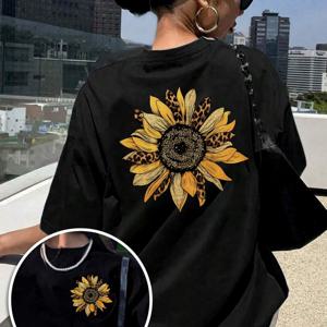 TEMU 앞뒤 프린트 티셔츠, 해바라기와 프린트 패턴, 여성용 크루넥 캐주얼 반팔, 트렌디하고 패셔너블한 캐주얼 스타일, 여성용 양면 프린트 상의