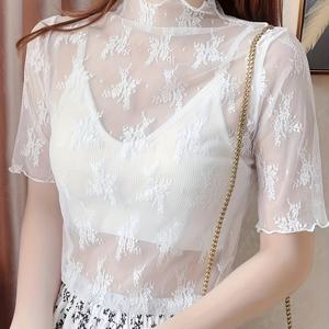TEMU 레이스 트림 하프넥 화이트 레이스 캐미솔 여성용 반팔 쉬어 슬립 드레스 속옷 얇은 메시 탑