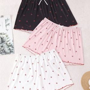 TEMU 여성 플러스 사이즈 바지, 3pcs 세트, 체리 프린트, 리본 디자인, 홈웨어용 반바지, 넉넉하고 편안함, 여름옷