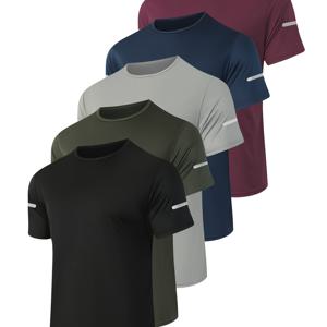 TEMU 5개 세트 (블랙, 밀리터리 그린, 회색, 네이비 블루, 버건디) 속건성 운동 티셔츠 반팔 레귤러 라운드넥 러닝 탑 통기성 땀 흡수 경량 라운드넥 운동 티셔츠 반팔, 헬스, 러닝에 적합