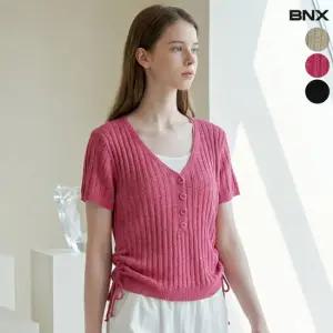 [BNX] 버튼 레이어드 셔링끈 V넥 반팔 니트