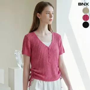 [BNX] 버튼 레이어드 셔링끈 V넥 반팔 니트