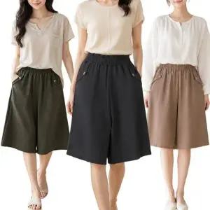 1+1 2종세트 여성 여름 와이드 6부바지 밴딩 큐롯팬츠 버튼포켓 치...