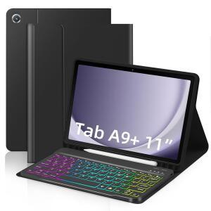 삼성 갤럭시 탭 A9 플러스 11인치(SM-X210/X215/X216/X218), 태블릿 A9+ 5G 블랙용 펜 슬롯이 있는 7색 무지개 백라이트 탈착식 USB-C 키보드 마그네틱 케이스