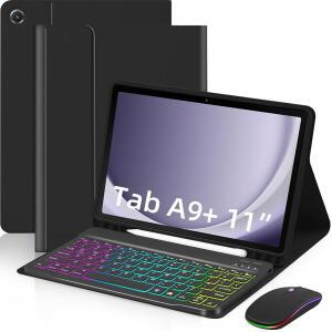 삼성 갤럭시 탭 A9 플러스 11인치(SM-X210/X215/X216/X218), 태블릿 A9+ 5G 블랙용 펜 슬롯이 있는 7색 무지개 백라이트 탈착식 USB-C 키보드 마그네틱 케이스 포함 EAMPANG