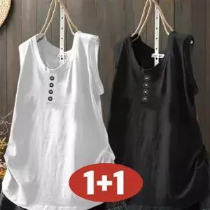(특가상품) 100kg까지 빅사이즈 1+1 여성 버튼 민소매 라운드넥 나시 티 티셔츠 여름 편한 심플 데일리 캐