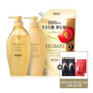 츠바키 프리미엄 볼륨 앤 리페어 샴푸 + 컨디셔너 + 샴푸 리필 600ml + 츠바키 샤쉐 4