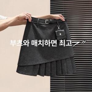 여성 빈티지 플리츠 랩 모직 스커트 슬림핏