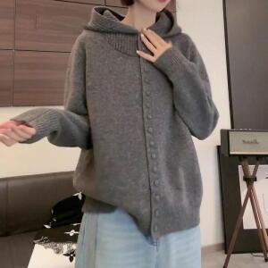 여성 빅사이즈 가을 솔리드 후드 니트 카디건 상의