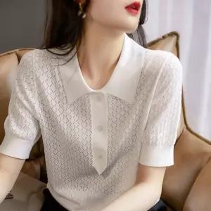 펀칭 카라 고급 티 셔츠 여성 여름 데일리 단추 니트