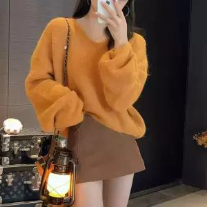 봄신상 로맨틱 베이직 무드 소프트 라운드 니트스웨터 루즈핏 루즈 오버 여성 브이넥 가을 겨울 데일리