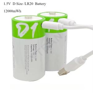 1.5V LR20 12000mWh D 사이즈 충전식 리튬 배터리(타입-C 케이블 포함) 손전등 가스레인지 및 온수기용