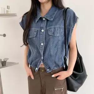 다고체 밑단 데님 루즈핏 밴딩 베스트
