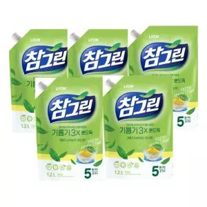참그린 기름기 뽀드득 1.2L 리필 5개입 라이온코리아식기세제 설겆이 설겆이