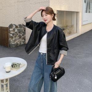 청수정 여성 체크 라운드 가죽 코트 봄기복 PU가죽 재킷 KS