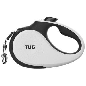 TUG 360 엉킴 방지 손잡이가 있는 작은 접이식 개 목줄 | 10피트 나일론 테이프 한 손 브레이크 일시 정지 잠금(흰색)