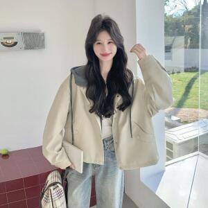 모두팜 여성 페이크 투피스 캐주얼 후드 쇼트 코트 봄 재킷 MOC