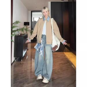 엘럽 여성 카키 계열 가짜 투피스 쇼트 코트 가을 체크 터틀넥 재킷 해링턴 야구점퍼 원템