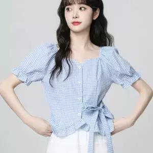 여성 스퀘어 카라 체크 반팔 셔츠 벨트 블라우스