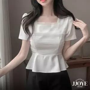 쪼예 스퀘어넥 오간자 핀턱 페플럼 세미크롭 반팔 블라우스